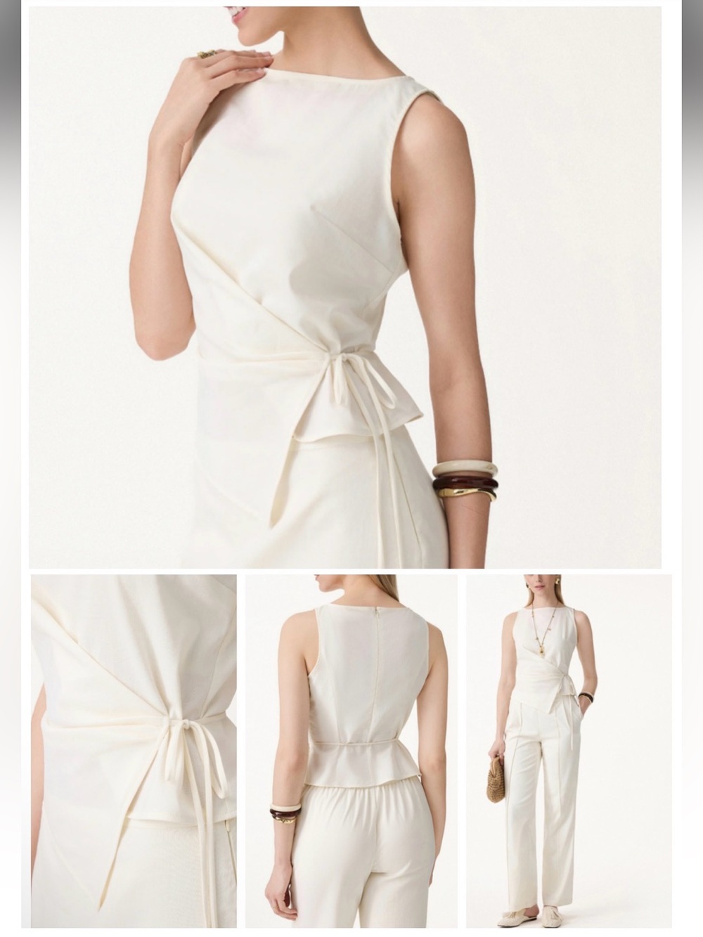 OGL Lyocell-Linen Blend Boatneck Tie Waist Top Eggnog (Off White) in Small NWT